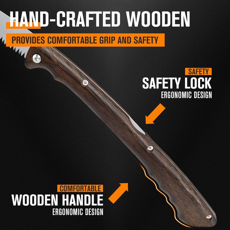 ALDIPRO Folding Pruning Saw 7 Inch with Leather Sheath and Wenge Wooden Handle, SK5 Steel Blade, Foldable Hand Saw for Camping, Survival, Wood Cutting, Bushcraft and Tree Trimming - Image 5